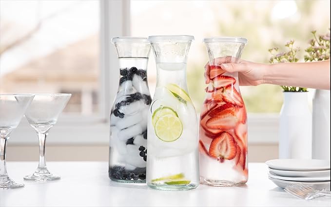 KooK Glass Carafe, Mimosa Bar Supplies, Carafe Pitchers with Lid, Set of 3, Glass Water Pitcher, Drink Dispensers for Parties, Tea, Wine, and Juice, Plastic Lids, Dishwasher Safe, 35 oz - Image 3