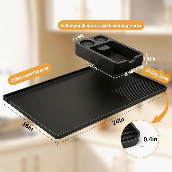 Silicone Coffee Mat and Espresso Tamping Mat, Detachable Espresso Coffee Bar Accessories, Coffee Bar Mat Suitable for Use Under coffee Maker, Dish Drying Mat for Kitchen Countertop Protector Mat,Black