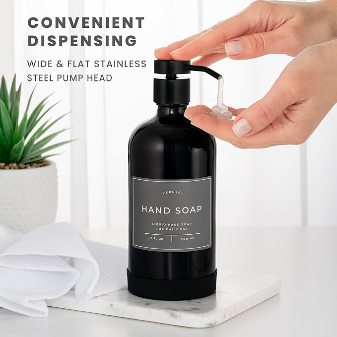 Hand and Dish Soap Dispenser for Kitchen and Bathroom, Set of 2 16 Oz Glass Bottles, Stainless Steel Pumps, Non-Slip Silicone Base, 27 Waterproof Labels (Gloss Black Bottle/Black Pump) - Image 4