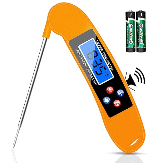 Digital Talking Thermometer for The Blind, Orange Waterproof Instant Read Food Thermometer with Talking Function and Backlight, Meat Thermometer with Probe for Cooking and Grilling, and More