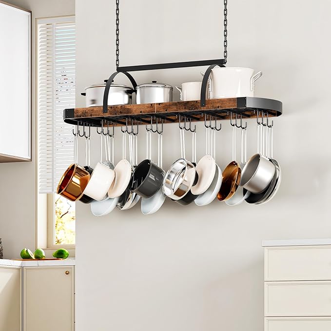 CHOEZON Hanging Pot Rack, Pot Hanger for Kitchen, Ceiling Mounted Pot Holder, Cookware Organizer with 24 S-Shaped Hooks, for Pot, Pan Storage, Space-Saving, Rustic Brown and Black TPR28BF - Image 8