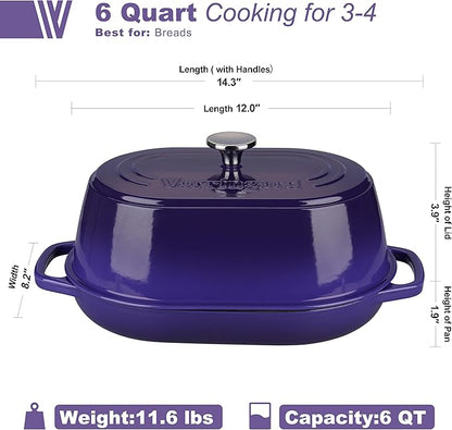 VORRINGARD Enameled Cast Iron Dutch Oven Pot with Dome Lid, Oval Bread Oven for Homemade Sourdough Bread Baking, Oven Safe up to 500°F, 6 Quart, Purple