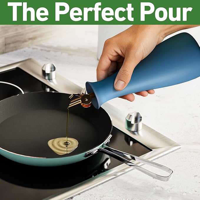 Ceramic Olive Oil Dispenser with Self-Closing Gold Spout - 530 ML Capacity Matte Blue Ceramic Oil Dispenser for Kitchen - Leak Proof EVOO Dispensing Bottle - Stylish, Ergonomic, Durable, Easy Pour - Image 5