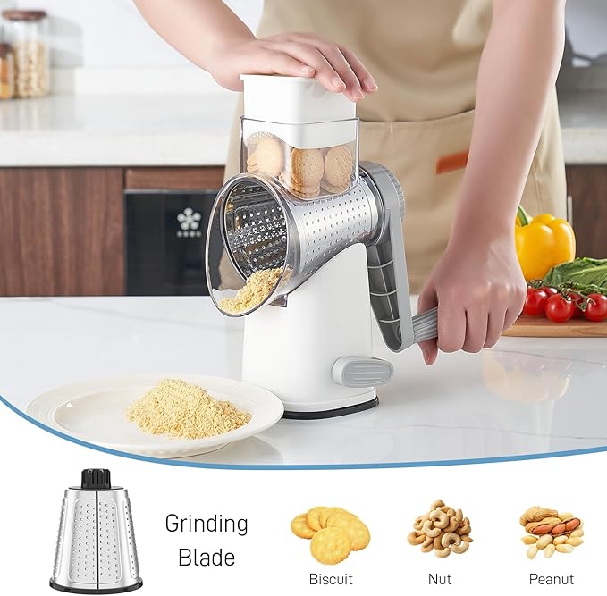 VEKAYA Rotary Cheese Grater Hand Crank with 4 Interchangeable Stainless Steel Blades, Large Manual Handle Shredder and Waffle Slicer for Vegetables, Cheese and Nuts with Table Suction Base(White Grey)