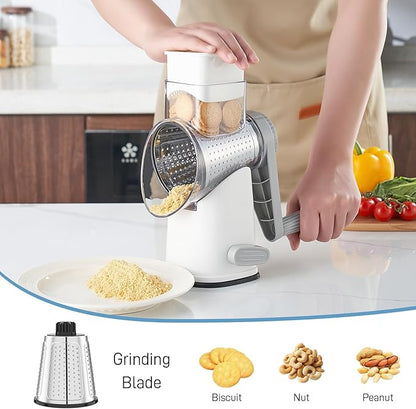 VEKAYA Rotary Cheese Grater Hand Crank with 4 Interchangeable Stainless Steel Blades, Large Manual Handle Shredder and Waffle Slicer for Vegetables, Cheese and Nuts with Table Suction Base(White Grey)