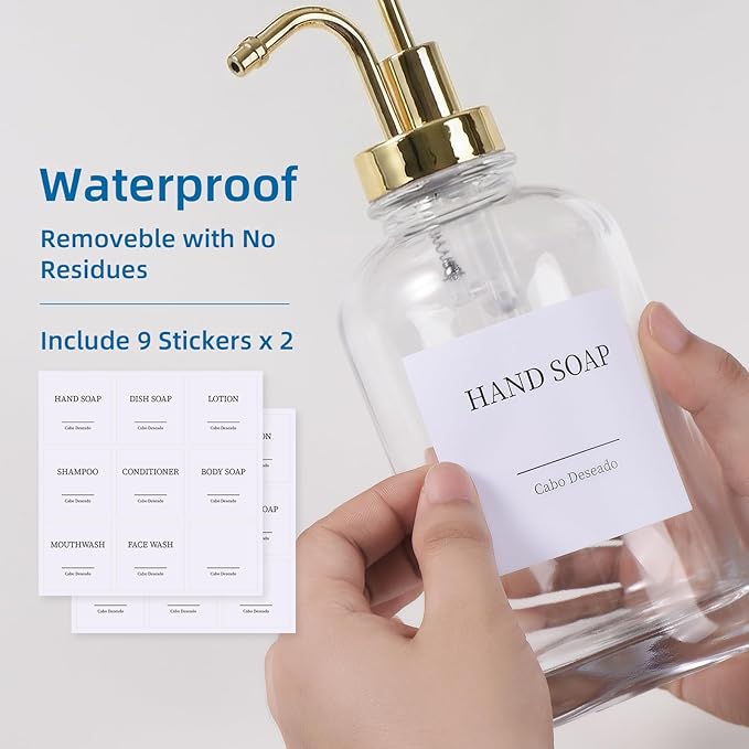 Glass Soap Dispenser with Pump, Dish and Hand Soap Dispenser for Kitchen Bathroom Set, Clear Glass Dispenser Set of 2 Pack with 18 Stickers Funnel Bamboo Tray 500ml 18oz / Each Bottle Gold Pump - Image 7