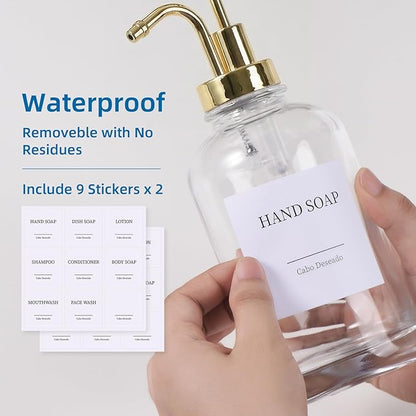 Glass Soap Dispenser with Pump, Dish and Hand Soap Dispenser for Kitchen Bathroom Set, Clear Glass Dispenser Set of 2 Pack with 18 Stickers Funnel Bamboo Tray 500ml 18oz / Each Bottle Gold Pump - Image 7