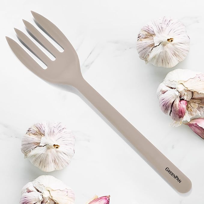 GreenPan Silicone Ultimate Fork, Mixing Stirring Serving, Cooking Kitchen Utensil, Flexible Rubber Nonstick Cookware, Rigid Steel Core, Heat-Resistant, Anti-Slip Handle BPA-Free Dishwasher Safe, Taupe - Image 2