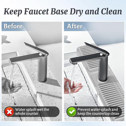 PoYang 24 inch Faucet Mat for Kitchen Sink Splash Guard, 7° Slope Silicone Sink Water Splash Guard for Kitchen Sink Area with Snap, Longer Sink Protectors for kitchen Sink Sponge Holder, Light Grey