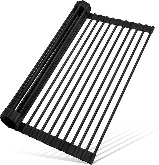 MERRYBOX Roll Up Over The Sink Dish Drying Rack Silicone Wrapped Foldable, Heat-Resistant, Anti-Slip Sink Rack Multipurpose Dish Drainer for Kitchen Sink Counter - Black, 17.5" x 11" by MERRYBOX