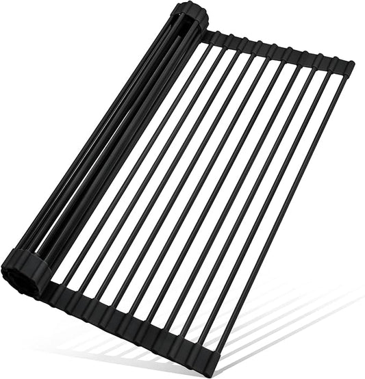 MERRYBOX 20.5" x 13" Roll Up Dish Drying Rack Silicone Wrapped Over The Sink Dish Drying Rack Multipurpose Foldable Sink Drying Mat, Heat-Resistant & Anti-Rust Dish Rack for Kitchen Sink, Large, Black by MERRYBOX