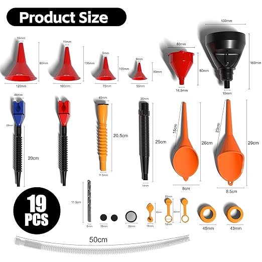 KJE 19 Pcs Automotive Funnel Set, Spout Replacements, Plastic Wide Mouth Transmission Funnels, Flexible Oil Funnel Kit for Automotive Use - Image 2