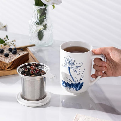 AmorArc Porcelain Tea Mug with Infuser and Lids, 18 Oz Large Cup Strainer with Bag Holder for Loose Leaf Tea, Steeping Coffee Mug for House-warming Wedding Birthday Gift