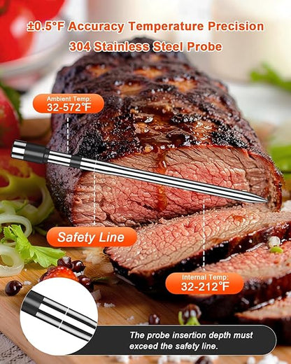 Wireless Meat Thermometer with 2 Probes & 800Ft Range - Smart Bluetooth BBQ Grill Thermometer with Standalone Base, NIST Certified ±0.5°F Accuracy