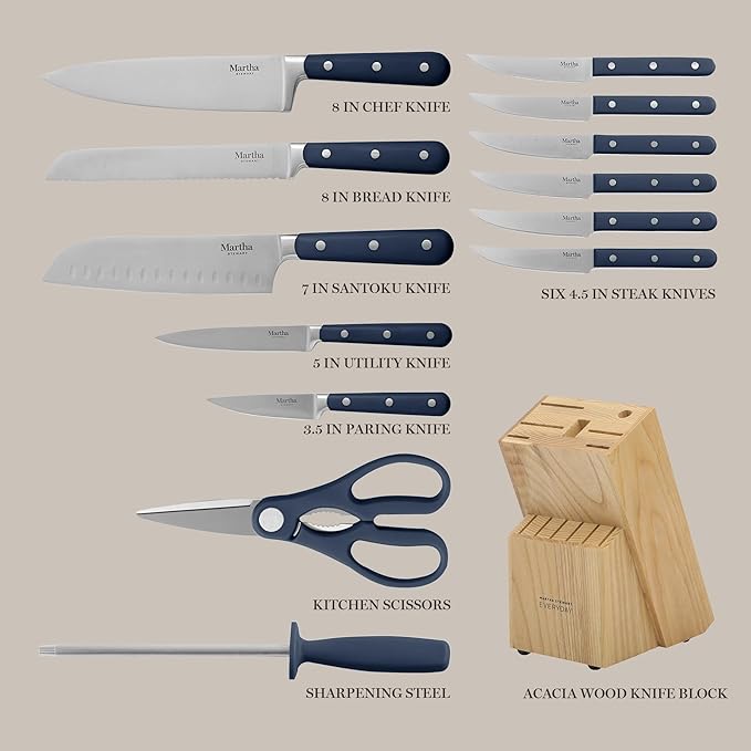 MARTHA STEWART Eastwalk 14 Piece High Carbon Staineless Steel Cutlery Set w/ABS Triple Riveted Forged Handle Acacia Wood Block - Navy Blue - Image 3