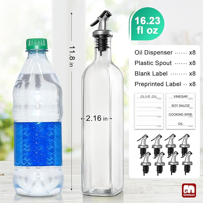 GMISUN Olive Oil Dispenser for Kitchen 8 Pack, Glass Oil Dispenser Bottle 17oz, Cooking Soy Sauce Bottle Container Cruet with Plastic Pourer Spout, Funnel and Labels, Clear - Image 2
