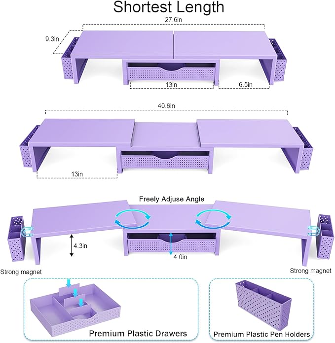 gianotter Dual Monitor Stand Riser, Desk Organizer With Drawer and 2 Pen Holders, Desk Organizers and Accessories, Purple Office Decor (Purple) - Image 6