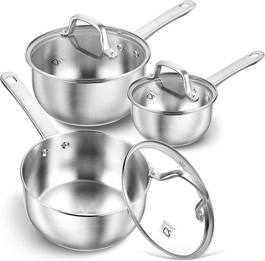 KOCH SYSTEME CS Stainless Steel Saucepan Set, 1QT & 2QT & 3QT Sauce Pan, Premium 18/10 Steel Sauce Pan Set, Induction Saucepans, Stainless Steel Pot Set 6 Piece, Easy to Clean, Oven Safe by KOCHSYSTEMECS