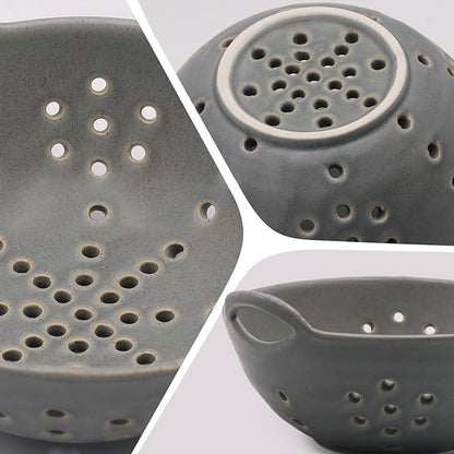 Matte Glaze Ceramic Berry Colander Bowl with Handles – 8.5" Handle-to-Handle × 8" Bowl Dia × 3.3" High – Rustic Stoneware Drain Bowl for Fruit, Berries, and Kitchen Decor (Sage Green)
