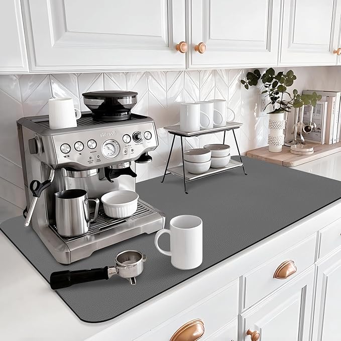 LOPNUR Kitchen Dish Drying Mat, 31.5"x17" Extra Large Dish Drying Mats for Kitchen Counter, Diatomite Coffee Mat, Super Absorbent Dish Drying Pad, Heat Resistant Mat with Anti-slip Rubber Backed, Grey - Image 2