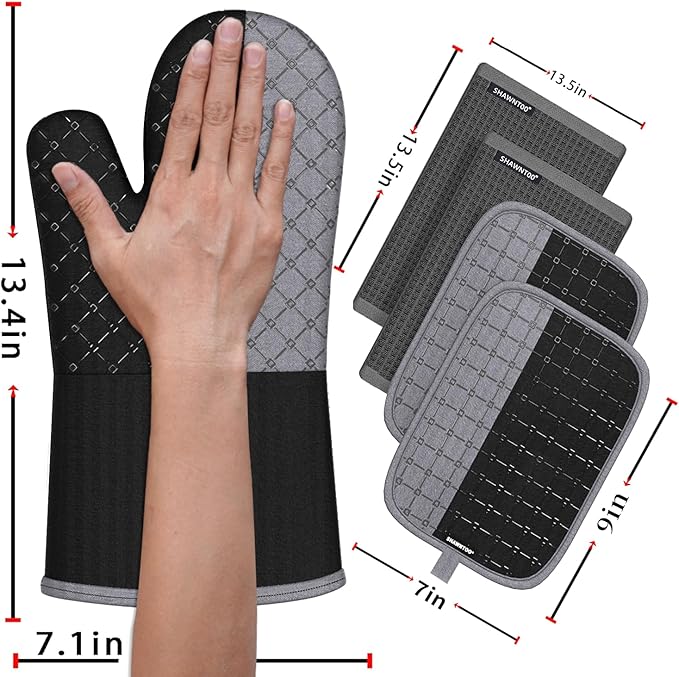 Oven Mitts and Pot Holders Sets 6pcs, Kitchen Oven Glove,High Heat Resistant 550 Degree Extra Long Oven Mitts and Potholders with Non-Slip Silicone Surface for Home Essentials (Grey) (Matte Black) - Image 2