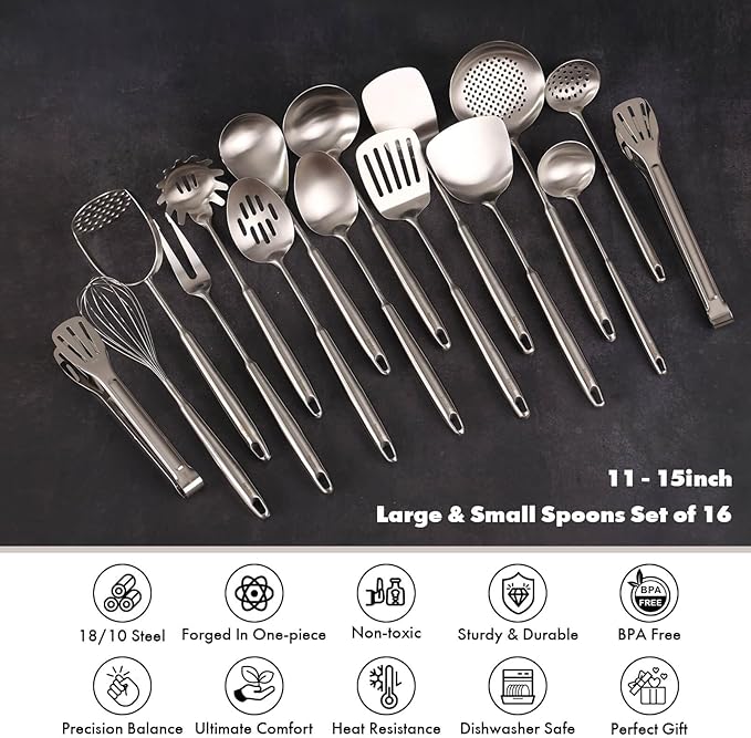 18/10 Stainless Steel Cooking Utensils Set - 16 PCS All Metal Serving Utensils, Kitchen Tools - Whisk, Masher, Fork, Tongs, Solid/Slotted Spoon, Spatula, Turner, Ladle, Skimmer, Pasta, Large Spoon Set - Image 4
