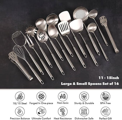 18/10 Stainless Steel Cooking Utensils Set - 16 PCS All Metal Serving Utensils, Kitchen Tools - Whisk, Masher, Fork, Tongs, Solid/Slotted Spoon, Spatula, Turner, Ladle, Skimmer, Pasta, Large Spoon Set - Image 4