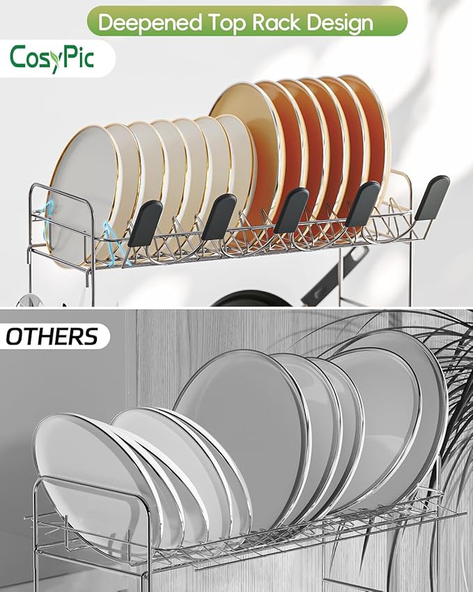 2 Tier Dish Drying Rack, Thicker Premium 304 Stainless Steel Dish Racks for Kitchen Counter, Automatic Drainage Spout, Dish Drainer & Drainboard Set with Utensil Holder and Cup Holder, Black - Image 3