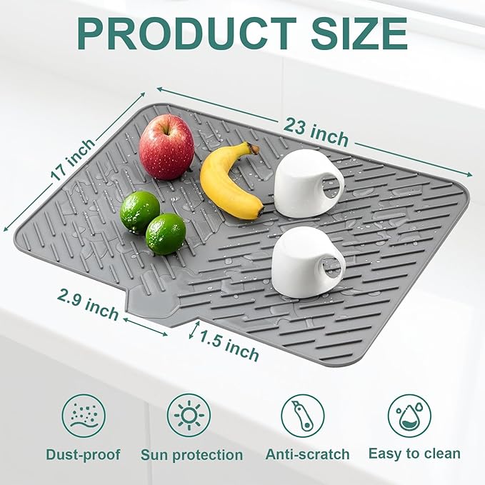 Silicone Dish Drying Mat 23x17,Food-Grade Silicone,Easy Clean Pad for Countertop Protection,Heat Resistant,Easy Clean,Non-Slip Drain Pad with Built-in Drain,Multi-Functional Use,Gray - Image 3