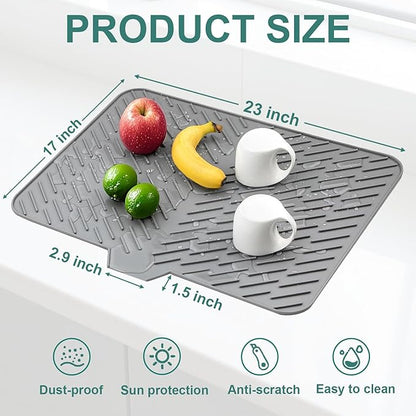 Silicone Dish Drying Mat 23x17,Food-Grade Silicone,Easy Clean Pad for Countertop Protection,Heat Resistant,Easy Clean,Non-Slip Drain Pad with Built-in Drain,Multi-Functional Use,Gray - Image 3