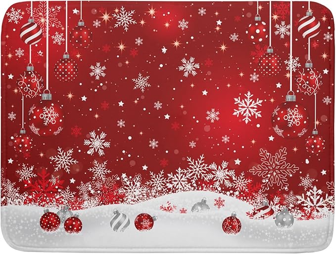 Giwawa Xmas Balls Dish Drying Mat for Kitchen Countertop Winter Red White Snowflakes Dish Drainer Mats 18x24inch Reversible Dish Drying Rack Pad Protector for Dining Holiday New Year Decor