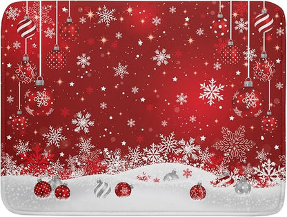 Giwawa Xmas Balls Dish Drying Mat for Kitchen Countertop Winter Red White Snowflakes Dish Drainer Mats 18x24inch Reversible Dish Drying Rack Pad Protector for Dining Holiday New Year Decor