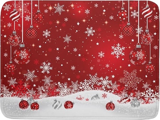 Giwawa Xmas Balls Dish Drying Mat for Kitchen Countertop Winter Red White Snowflakes Dish Drainer Mats 18x24inch Reversible Dish Drying Rack Pad Protector for Dining Holiday New Year Decor
