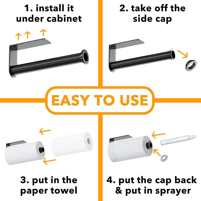 SpaceAid SprayNeat Paper Towel Holder with Spray Bottle, Under Cabinet Paper Towels Holders with Sprayer Inside Center, Hanging Wall Mount Papertowels Roller for Kitchen and Bathroom (Black)