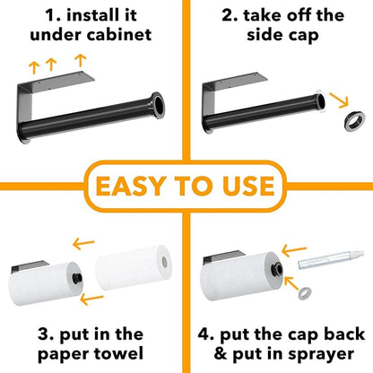SpaceAid SprayNeat Paper Towel Holder with Spray Bottle, Under Cabinet Paper Towels Holders with Sprayer Inside Center, Hanging Wall Mount Papertowels Roller for Kitchen and Bathroom (Black)