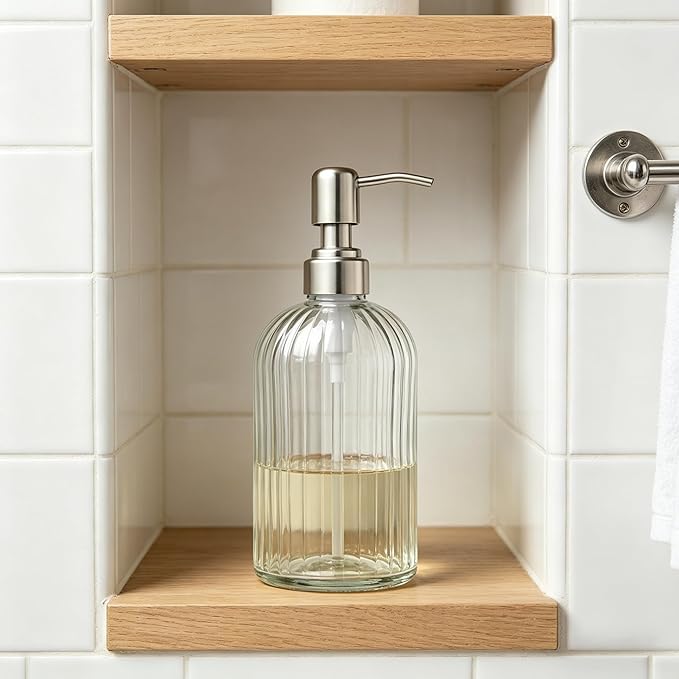Glass Hand Soap Dispenser Silver Pump Refillable Dish Shampoo Lotion Bottle with Brushed Bathroom Kitchen Decor 18 OZ