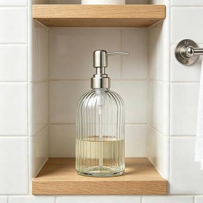 Glass Hand Soap Dispenser Silver Pump Refillable Dish Shampoo Lotion Bottle with Brushed Bathroom Kitchen Decor 18 OZ