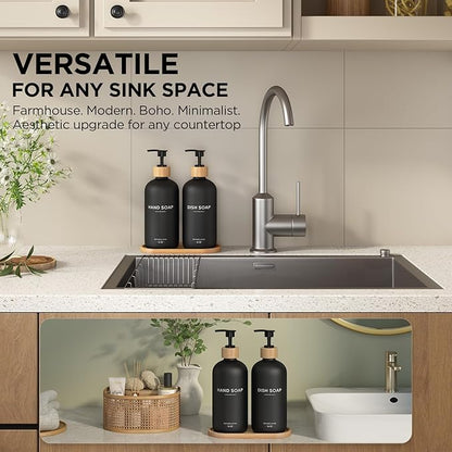 Hand and Dish Soap Dispenser Set,16oz Glass Bottles with Printed Labels, Bamboo Tray & Pump,Countertop Soap Dispensers for Kitchen,Luxury, Minimalist & Farmhouse Decor (Hand Dish (Black)) - Image 3