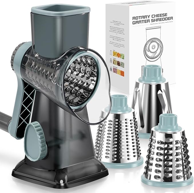 KEOUKE Rotary Cheese Grater Hand Crank Transparent - Shredder Slicer Grinder 3 Stainless Steel Blades, Stable Suction, Labor-Saving Handle, Safe Kitchen Tool for Cheese, Vegetable, Nuts, Chocolate by KEOUKE