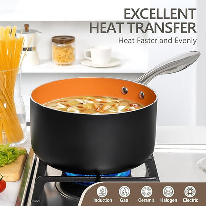 MICHELANGELO 4 Quart Saucepan with Lid - Ultra Nonstick Sauce Pan with Ceramic Coating, 4 Qt Non Stick Pot Induction Compatible, Copper - Image 3