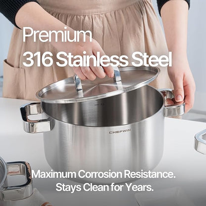 316 Stainless Steel 6 Quart Soup Pot with Lid Casserole, 5Ply, All Stoves Compatible, Dishwasher Safe, Silicone Cool-Touch Handle