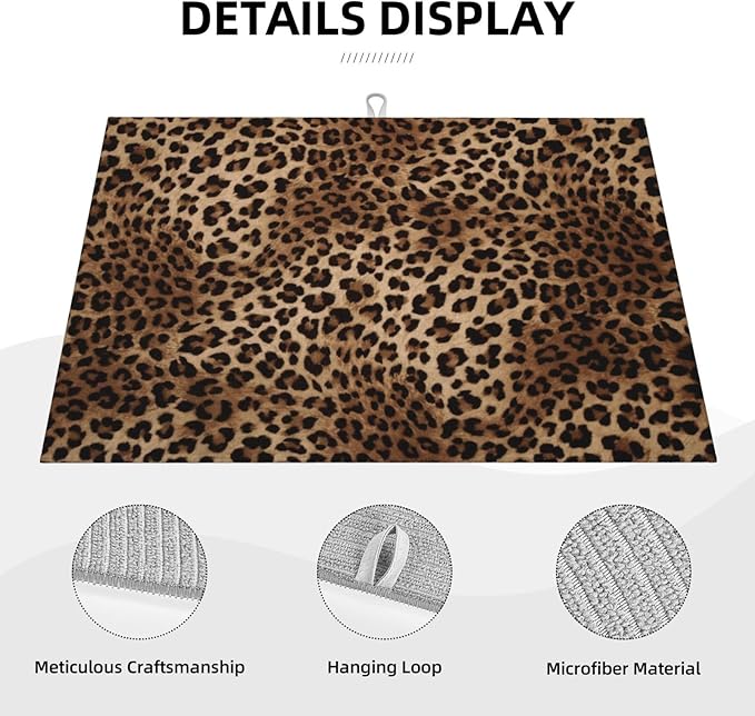 Brown Leopard Dish Drying Mat Black Cheetah Skin Wild Animal Print Drying Rack Pad Countertop Dishes Ultra Absorbent Microfiber Kitchen Counter Mat 18x24 Inch