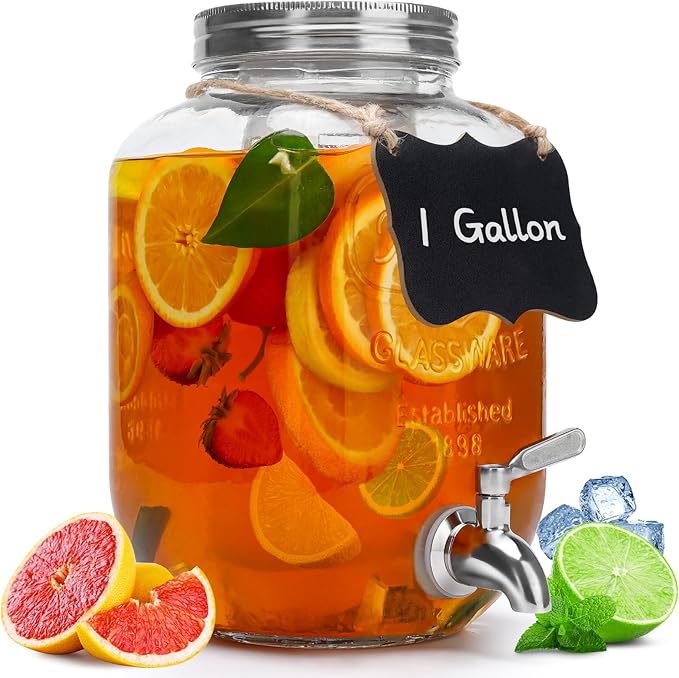 1 Gallon Glass Beverage Dispenser with Lid, Stainless Steel Spigot, Glass Drink Dispensers for Parties, Lemonade Dispenser With Ice Cylinder for Weddings, Party,Sun Tea Jar, Water Juice Dispensers by Goldfishwa