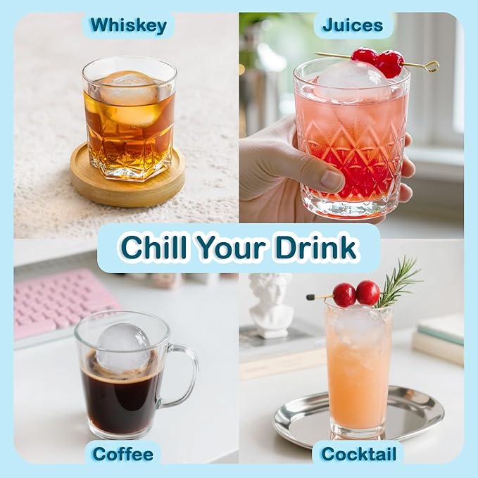 1.8in Large Ice Cube Molds - Big Round Whiskey Plastic Ice Trays for Freezer with Bucket, Scoop, Tongs, 2 Straws - Easy to Fill & Release, Bourbon Cocktail (3 pack, 8 Balls) - Image 7
