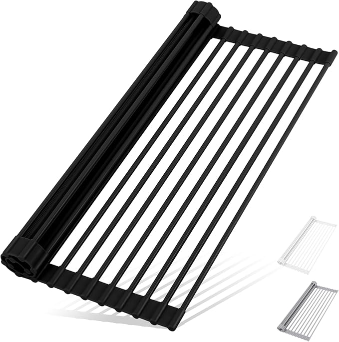 HANZENMA Roll Up Dish Drying Rack Over The Sink Kitchen Roll Up Sink Drying Rack Multipurpose Foldable Sink Drying Mat, Heat-Resistant, Anti-Slip & Anti-Rust Dish Rack for Kitchen, 20.5" x 13", Black by HANZENMA