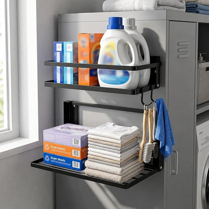 Magnetic Shelf for Washer Dryer, Foldable 2 Tier Metal Organizer Rack with Hooks, No Drill Laundry Room Side Storage, Magnetic Fridge Shelf for Refrigerator, Cabinet, Locker, RV