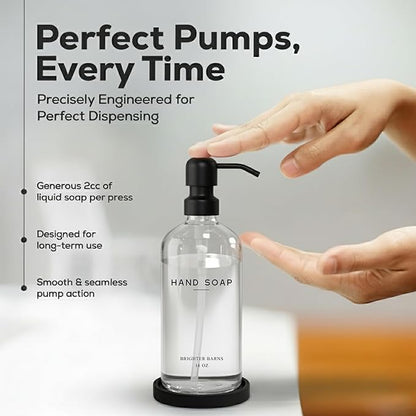 Glass Hand Soap Dispenser Bathroom Set by Brighter Barns - Bathroom Soap Dispenser Set - Refillable Pump Bottle with Tray - Neutral Home Decor for Airbnb, Hotel, Vacation Rental, Restaurants (Clear) - Image 4
