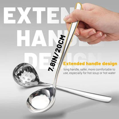 2Pcs Small Ladle and Slotted Spoon, Heavy Duty 304 Stainless Steel Gravy Ladle Mini Soup Ladles for Serving, Skimmer Strainer Spoon with Holes, Silver