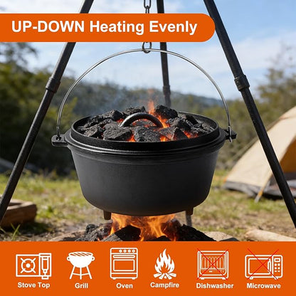 8QT Pre-Seasoned Cast Iron Camp Dutch Oven with Lid, Large Camping Dutch Oven Pot, incl. Lid Lifter - Dual Handles - for Outdoor Campfire, Grill, Oven & Stovetop Cooking-Black - Image 5