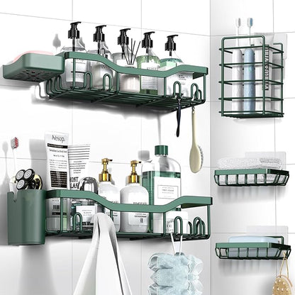 NESOMI Shower Caddy Adhesive Shower Organizer 7-Pack, Rustproof Stainless Steel Bathroom Shelves, Large Capacity No-Drill Rack Storage Accessories with Soap Dish Toothbrush Holder Hooks by OrganizeYourHomeEssentials